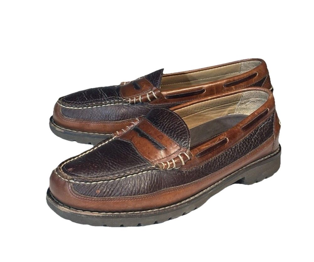 LL Bean Shoes Mens 11 D Brown Allagash Bison Leather Hand Sewn Penny Loafers
